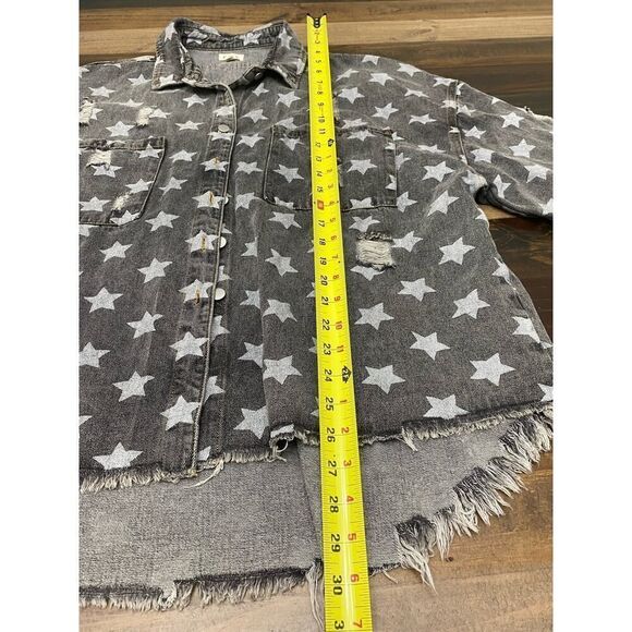 POL Denim Jacket Distressed Oversized Loose Fit Gray White Stars Y2K Size L - Picture 6 of 8